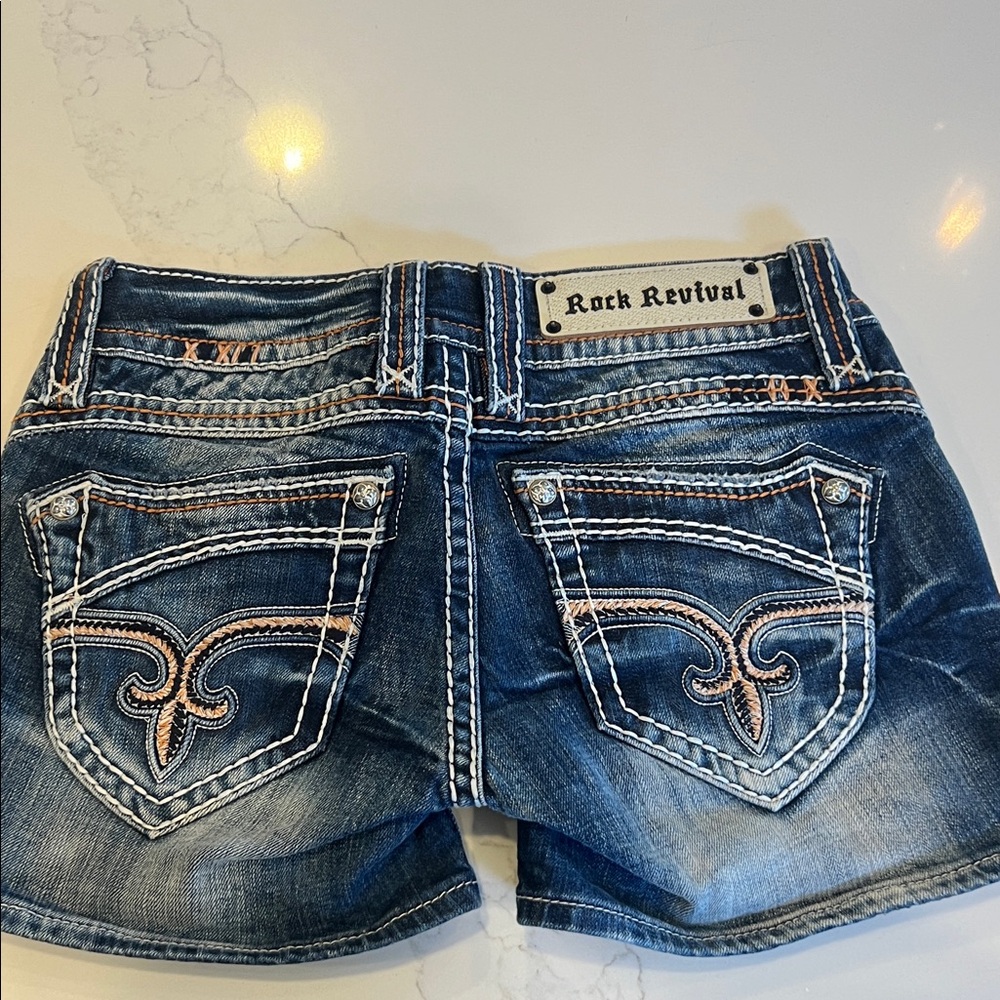 Rock Revival Blue Denim Shorts with White Stitching